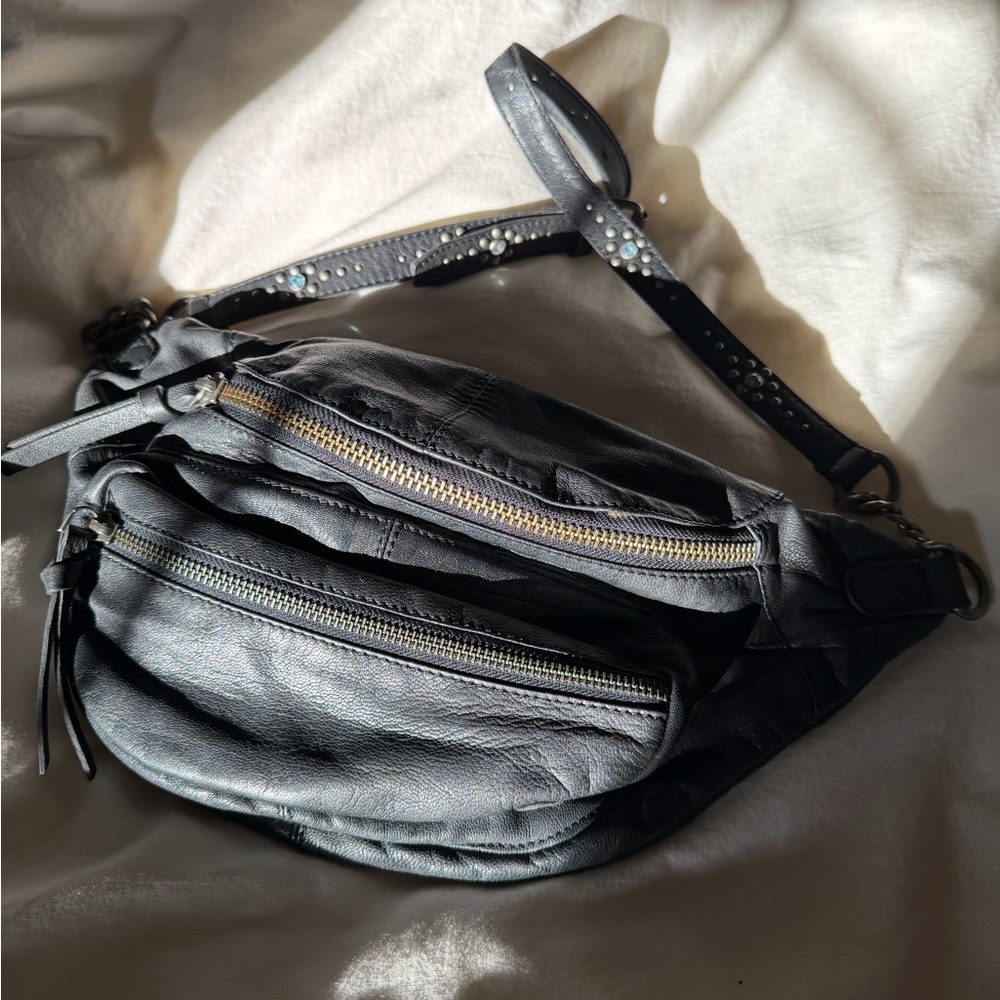 Free People Calf Leather Black Belt Bag with Studded Strap